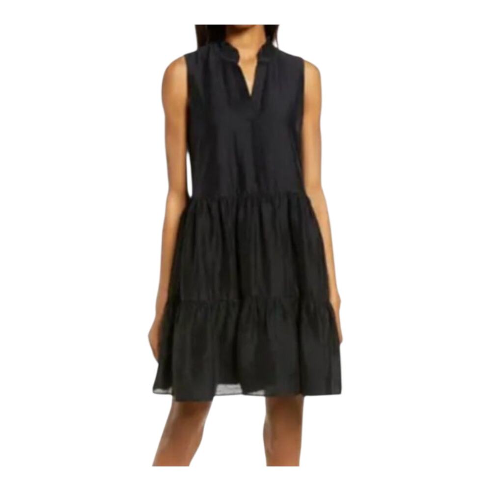 Chelsea28 Black Satin Ruffle Tiered Split Neck Sleeveless Mini Dress NWT Size S‎